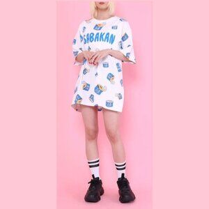 Women’s T-Shirt Size 3/M PUNYUS Sabakan White Blue All Over Print Japan Oversize